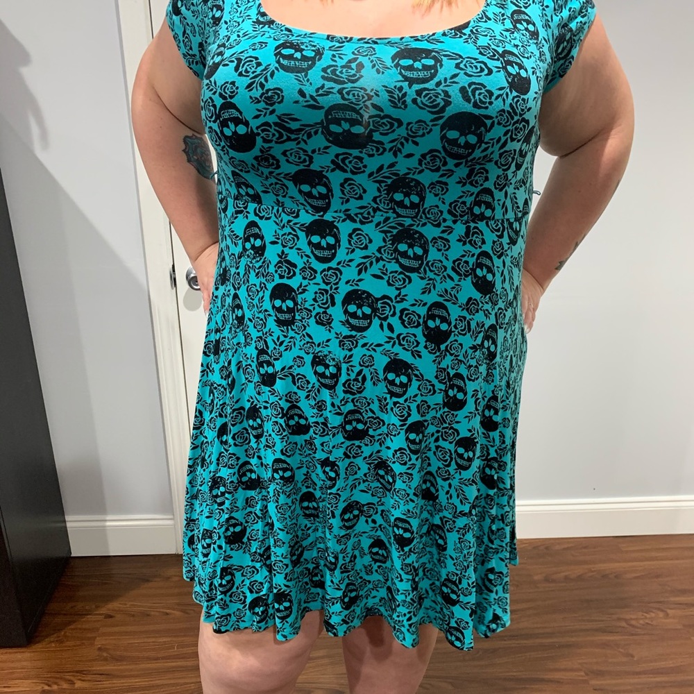 Teal skull print skater dress